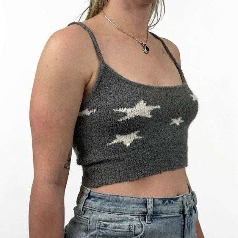 Nue Garage Fuzzy Grey & White Star Print Cropped Knit Tank Top