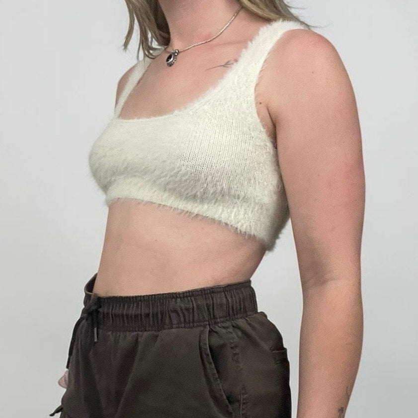 Adika Cream Fuzzy Knit Cropped Tank Top