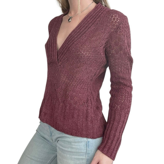 Acxess Maroon Sheer Loose Boho Knit V-Neck Ribbed Sweater
