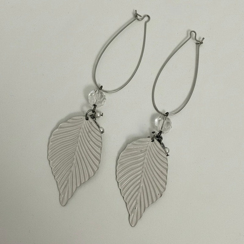 Silver Leaf Pendant Beaded Dangle Statement Earrings
