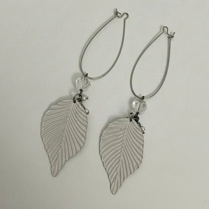 Silver Leaf Pendant Beaded Dangle Statement Earrings