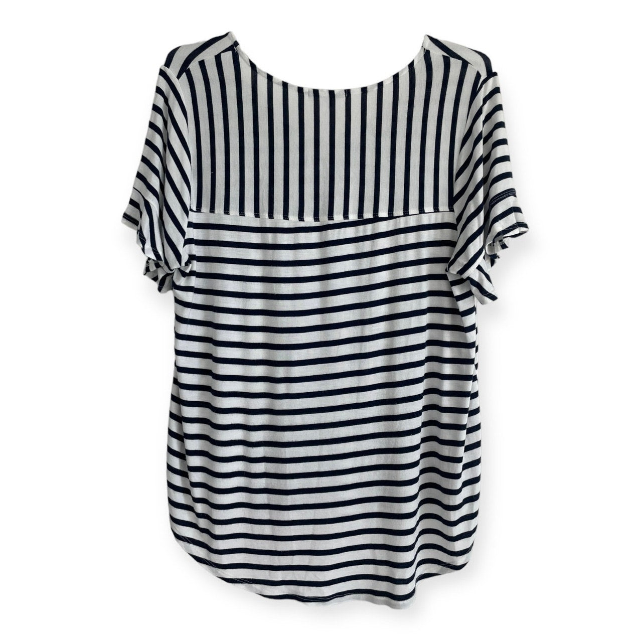 Green Envelope Navy Blue and White Striped Ruffled Short Sleeve Blouse