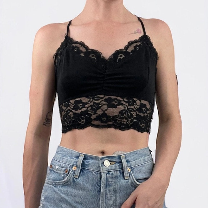 Black Lace Trim Cropped Cross Back Bralette Top