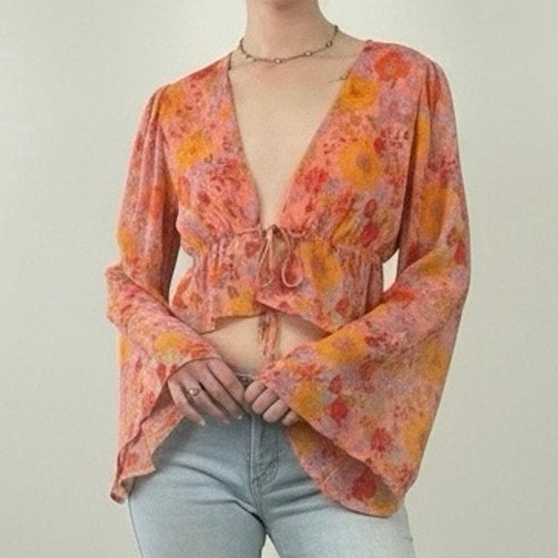 Wild Fable Sheer Orange Floral Long Bell Sleeve Tie Front Blouse