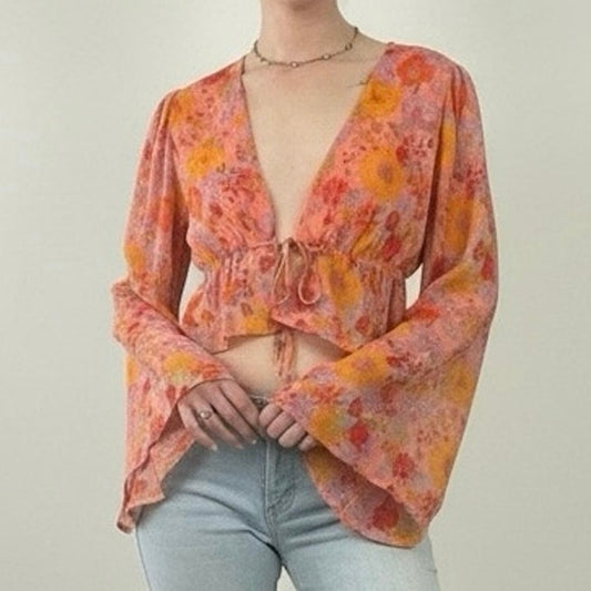 Wild Fable Sheer Orange Floral Long Bell Sleeve Tie Front Blouse