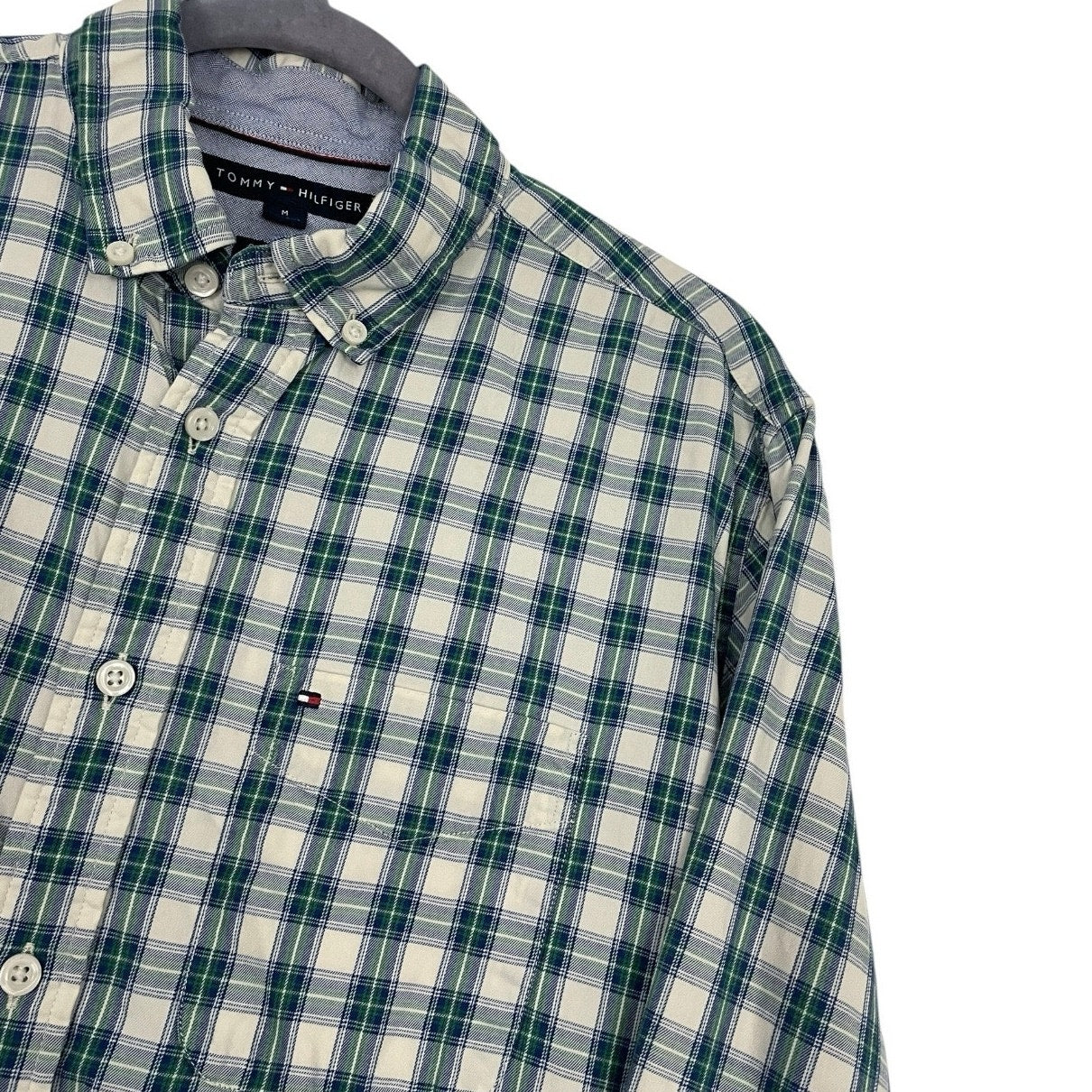 Tommy Hilfiger Mens Green & Blue Plaid Classic Fit Long Sleeve Button Down Shirt