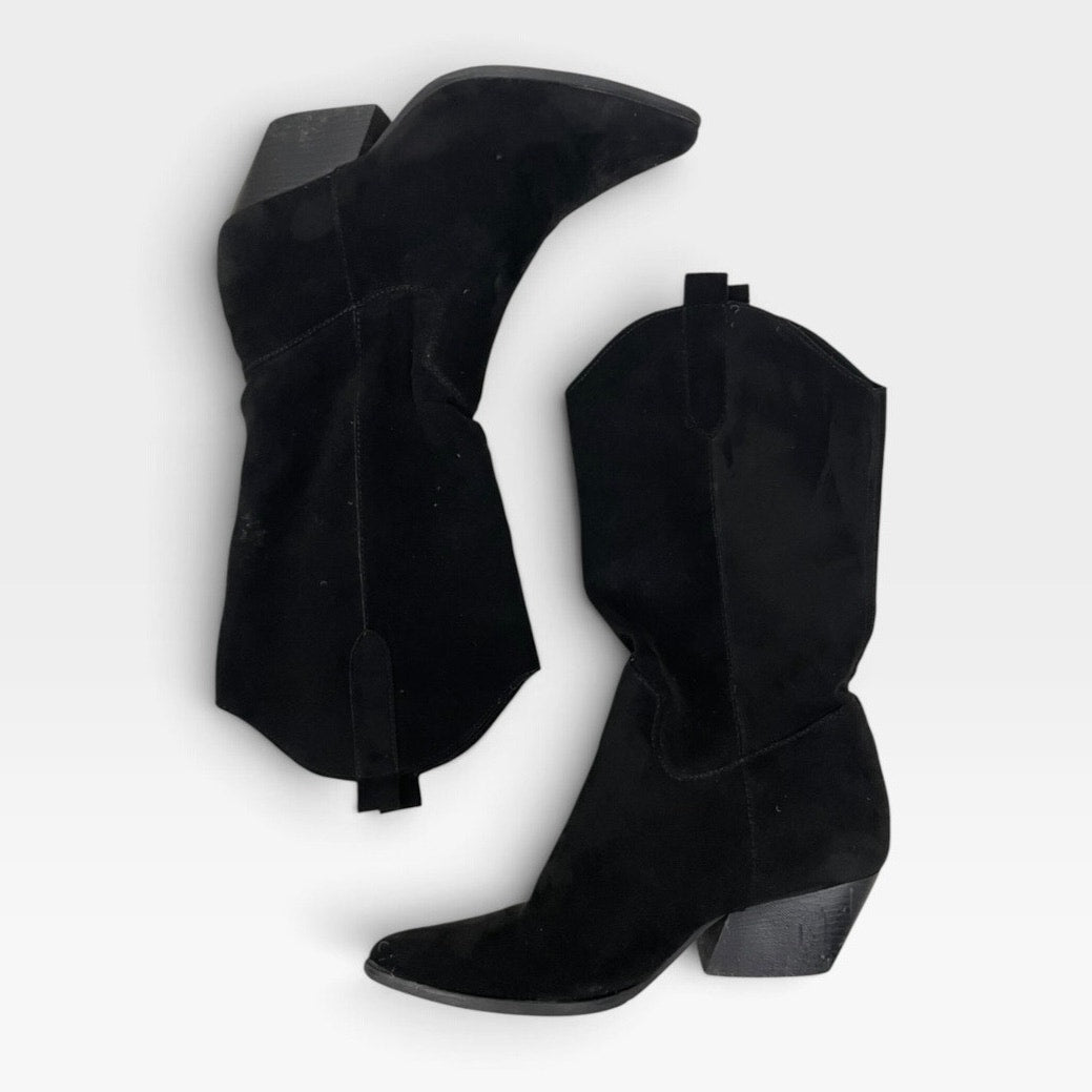 Black Faux Suede Pointed Toe Mid-Calf Heeled Boots