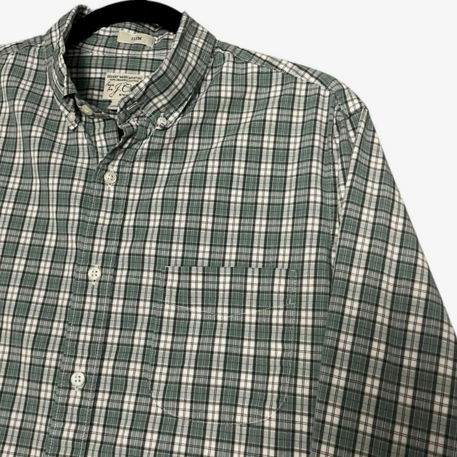 Sewn for J. Crew Mens Green Plaid Secret Wash Stretch Slim Fit Button Down Shirt