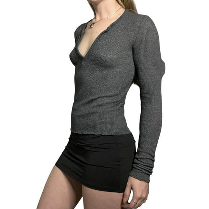 Out From Under Grey Ribbed Long Sleeve V-Neck Top