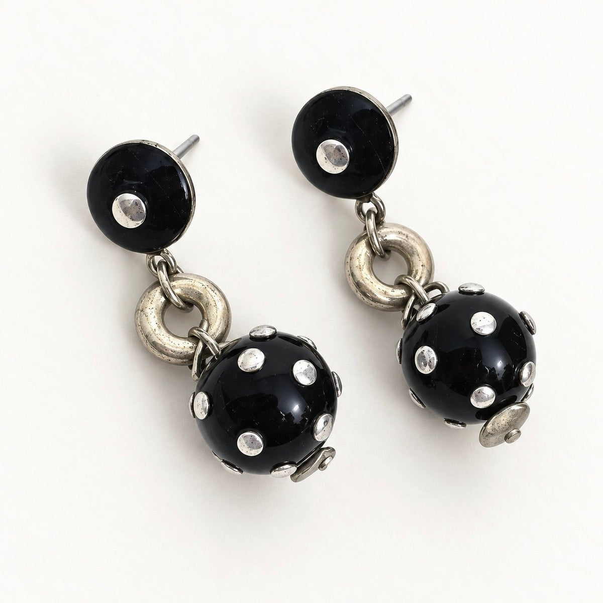 Black & Silver Tone Polka Dot Dangle Earrings