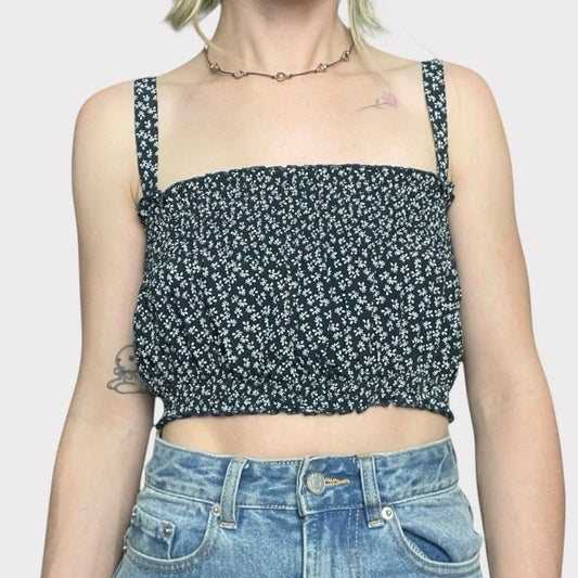 Brandy Melville Navy Blue & White Floral Cropped Ruched Tank Top