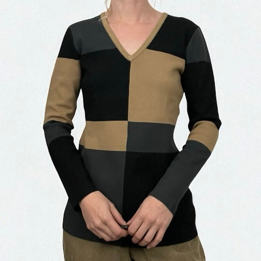 Doncaster Brown & Black Color Block V-Neck Sweater