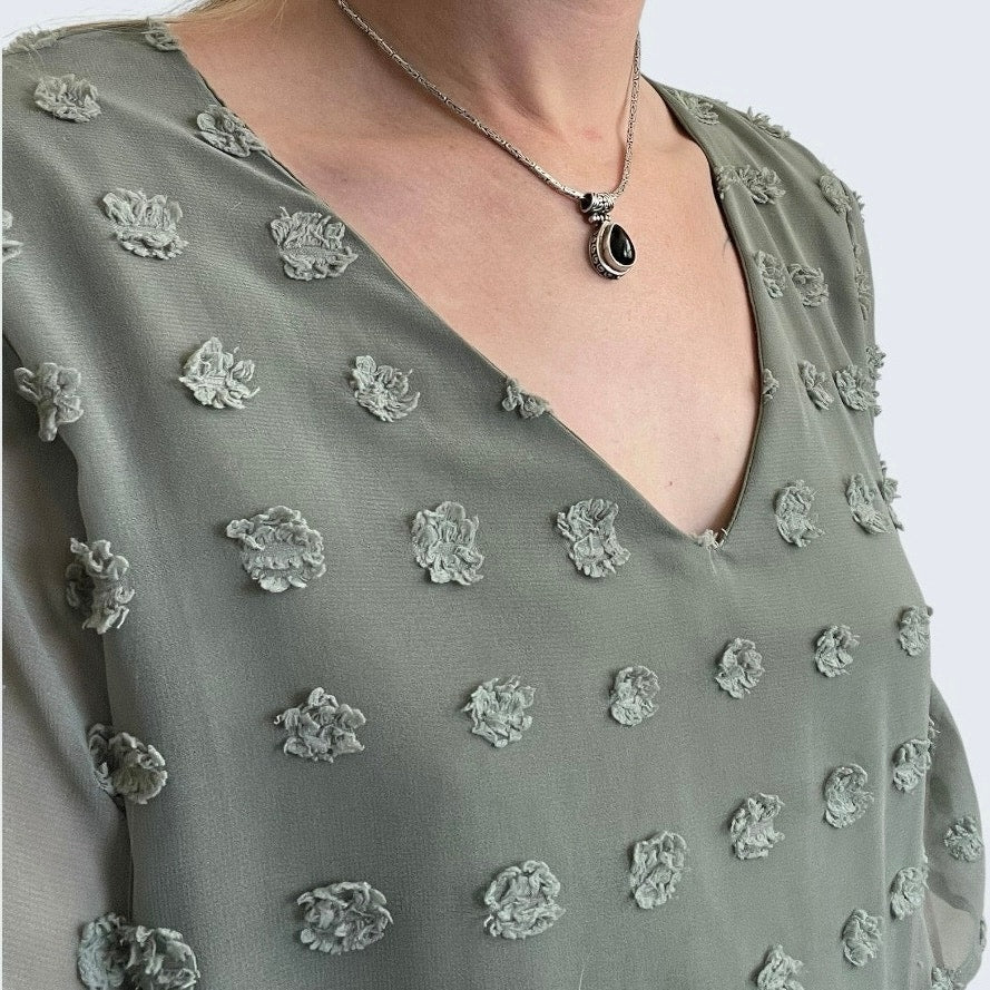 Sage Green Swiss Dot Sheer Ruffle Flutter Sleeve V-Neck Mini Dress