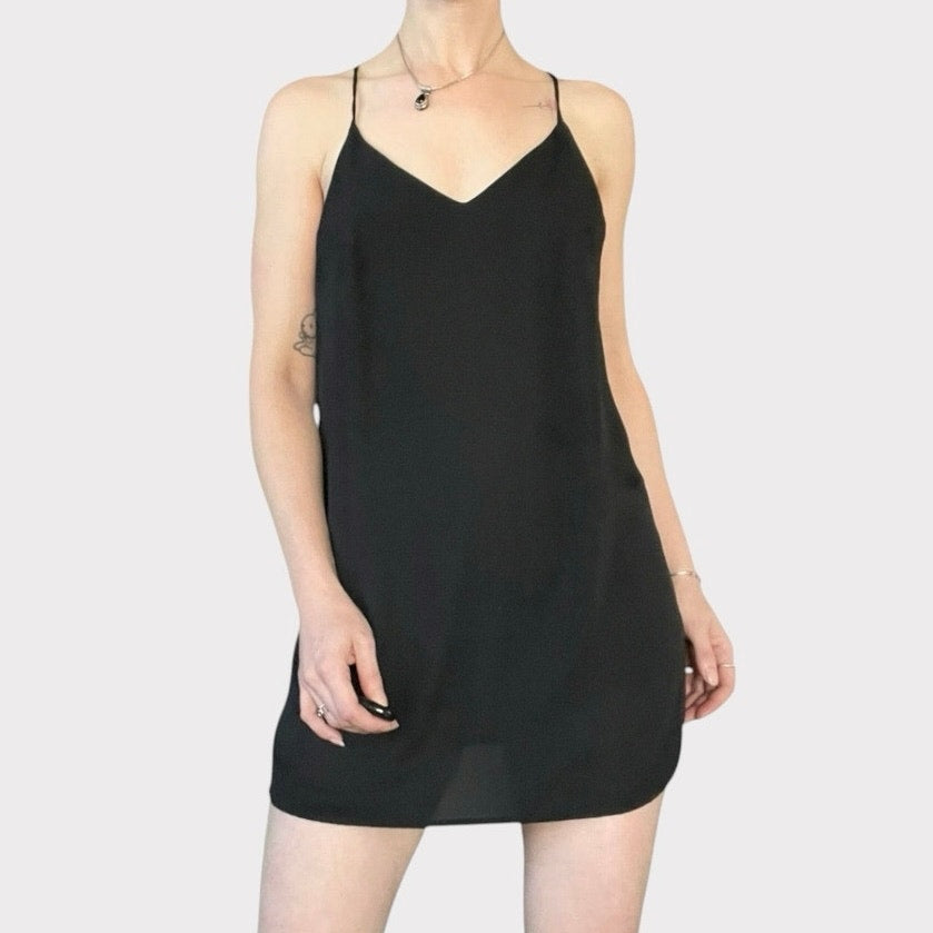 Honey Punch Sheer Black Mini V-Neck Open Back Slip Dress