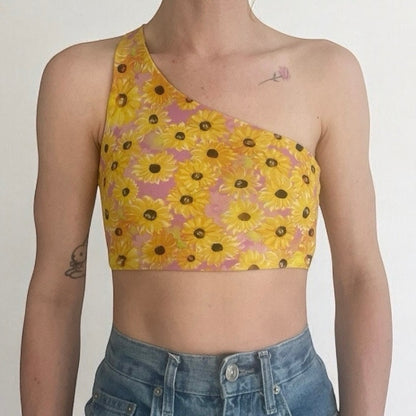 Yellow & Pink Sunflower One Shoulder Cropped Top