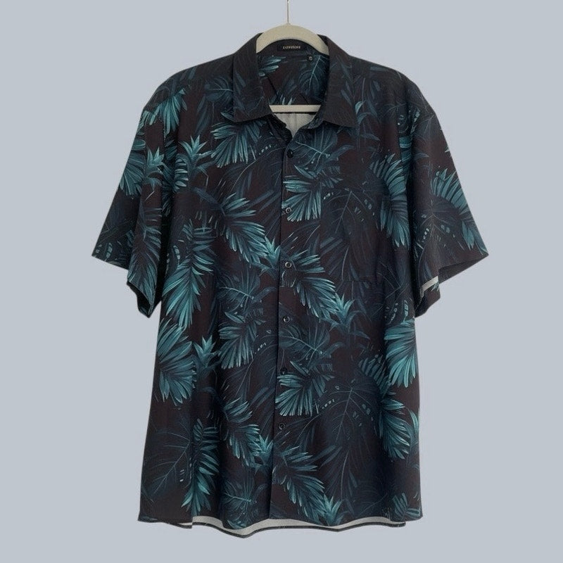 Hisdern Mens Navy Blue Tropical Button Down Shirt
