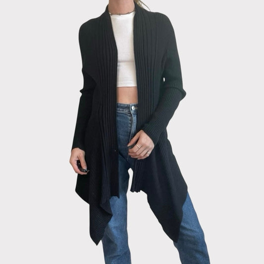 Dana Buchman Black Ribbed Knit Asymmetrical Cardigan Sweater