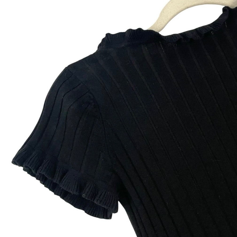 Better Be Black Ribbed Cropped Button Down Ruffled Short Sleeve Top