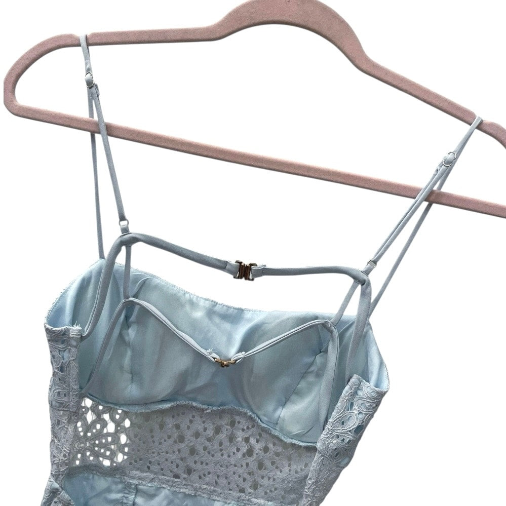 NWT Saints + Secrets Steel Blue Sheer Lace Open Back Side Slit Midi Dress