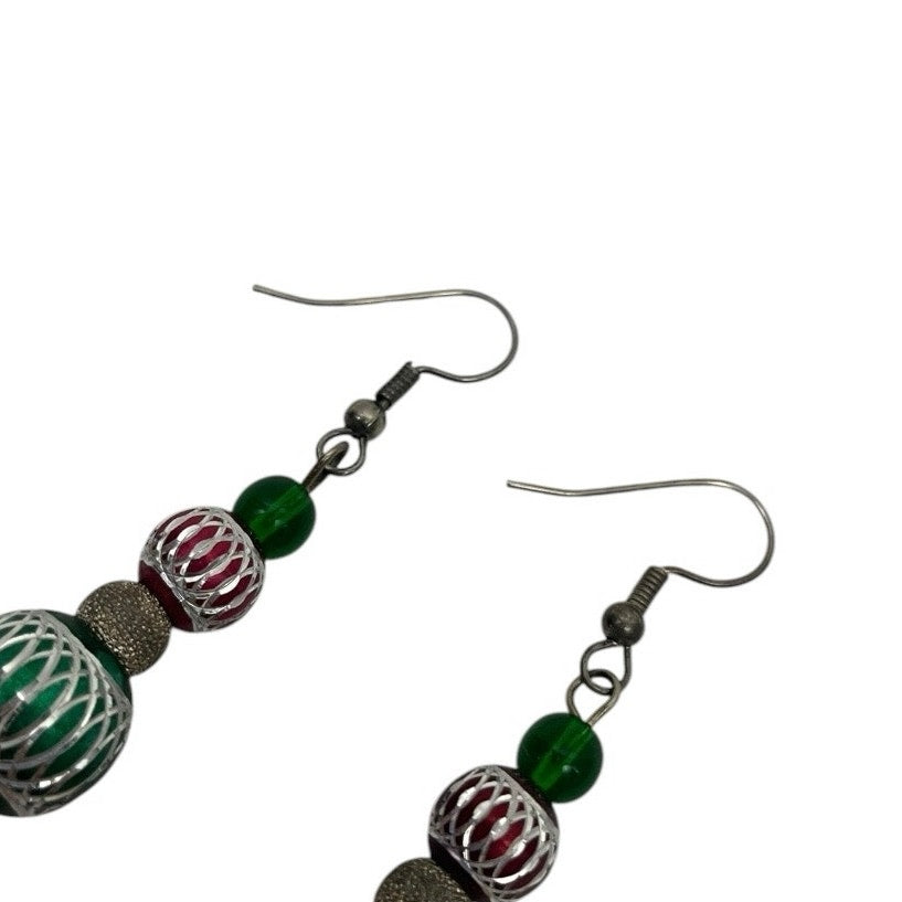 Vintage Red & Green Christmas Ornament Beaded Earrings