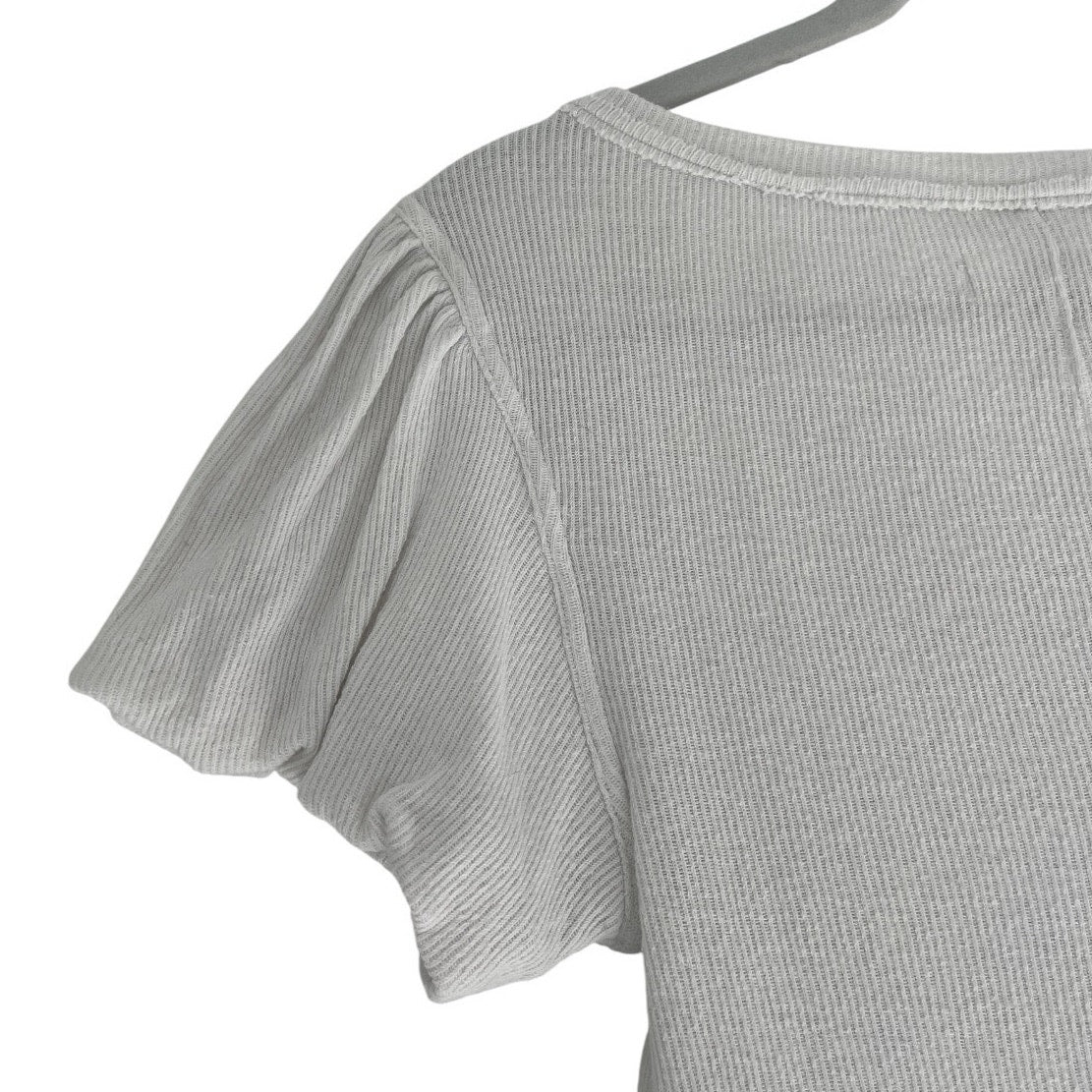 We The Free White Ribbed Button Front Puff Sleeve Cropped Top