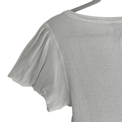 We The Free White Ribbed Button Front Puff Sleeve Cropped Top