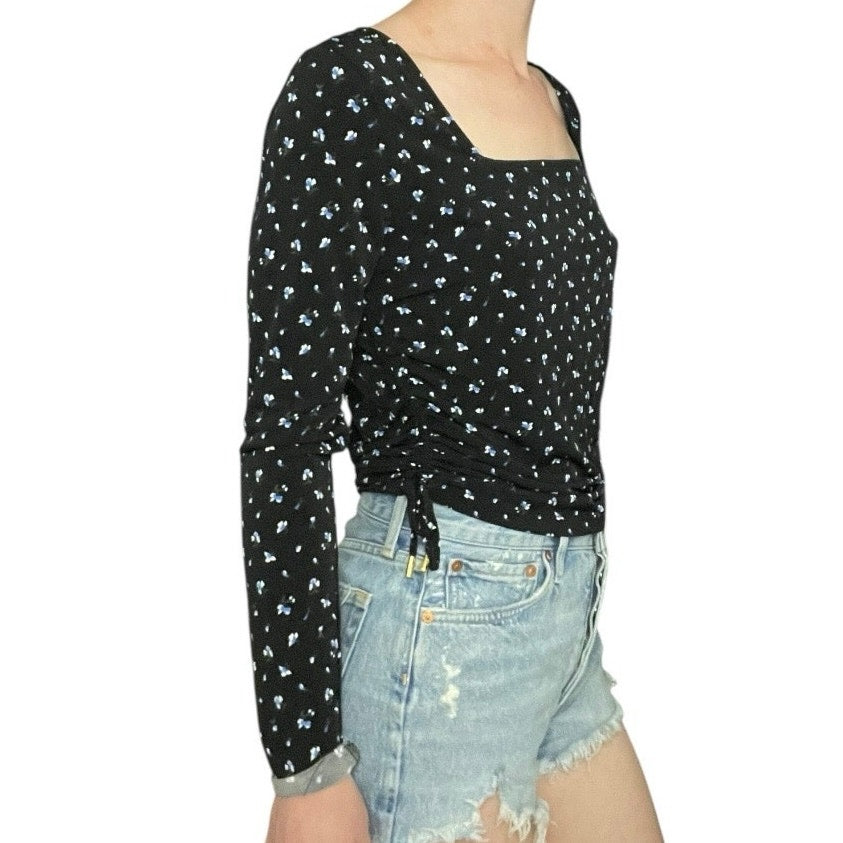 Michael by Michael Kors Black & Blue Floral Long Sleeve Square Neck Blouse