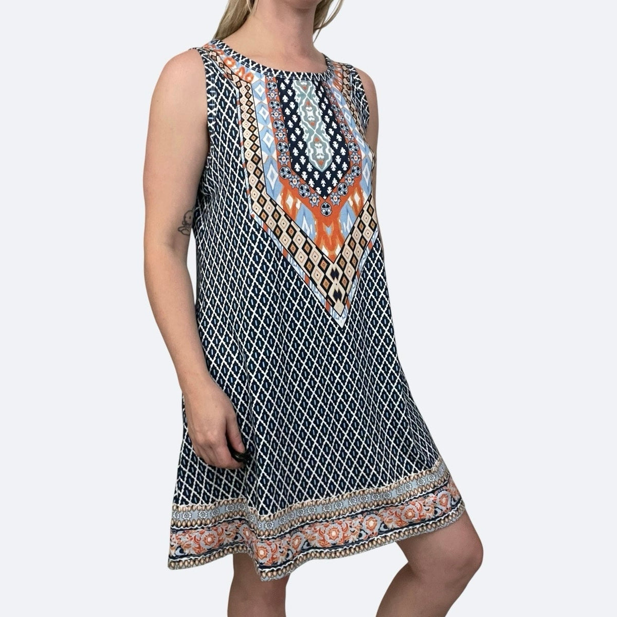 Blue & Orange Geometric Boho Print Mini Dress with Pockets