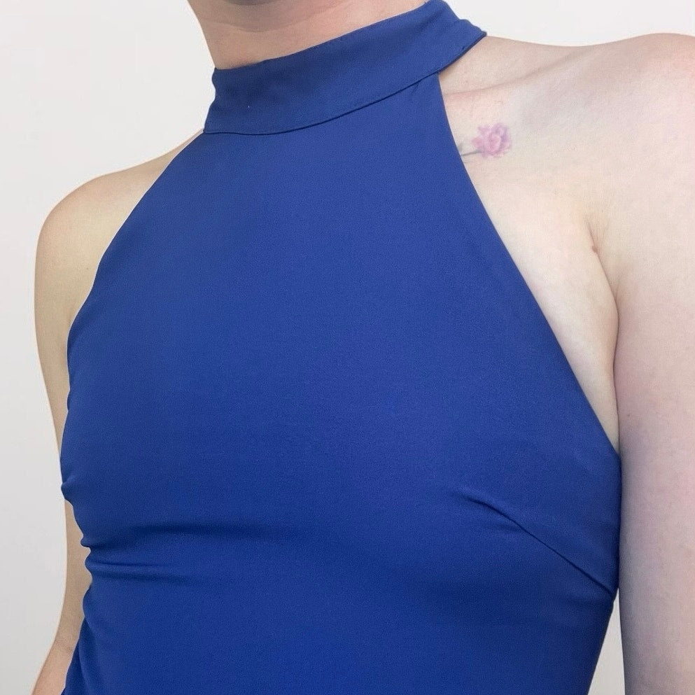 Lulu's Blue Lace Trim Open Back Halter Mini Dress