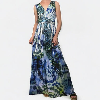 AB Studio Blue & Green Boho Paisley A-Line V-Neck Maxi Dress