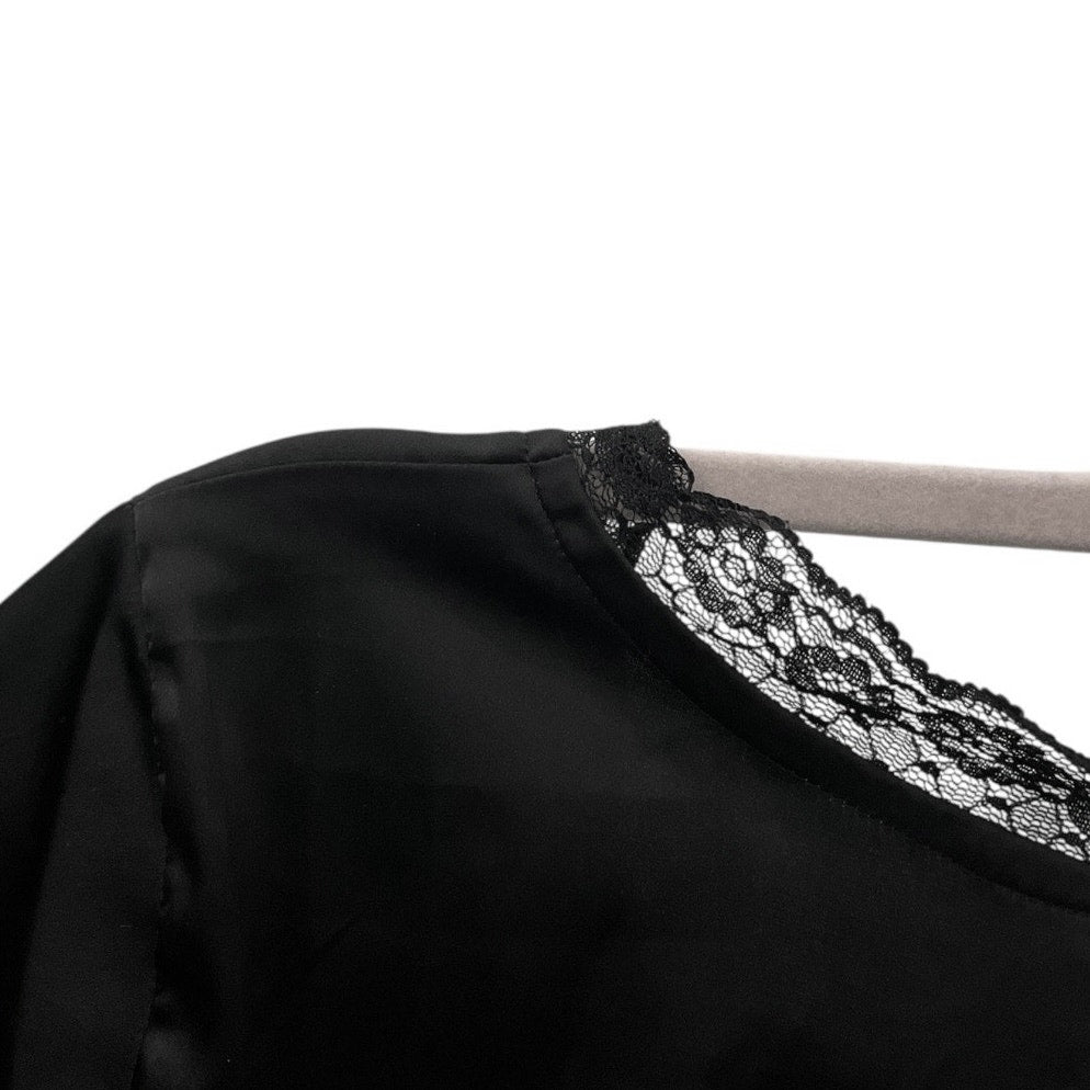 SHEIN Black Silky Lace Trim Tie Front Cropped Short Sleeve Blouse