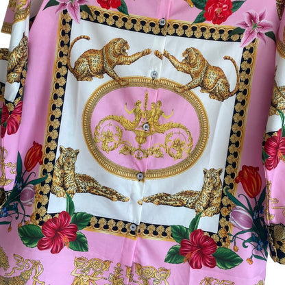Beautiful Oriental Print Pink Tiger Long Sleeve Button Down Blouse