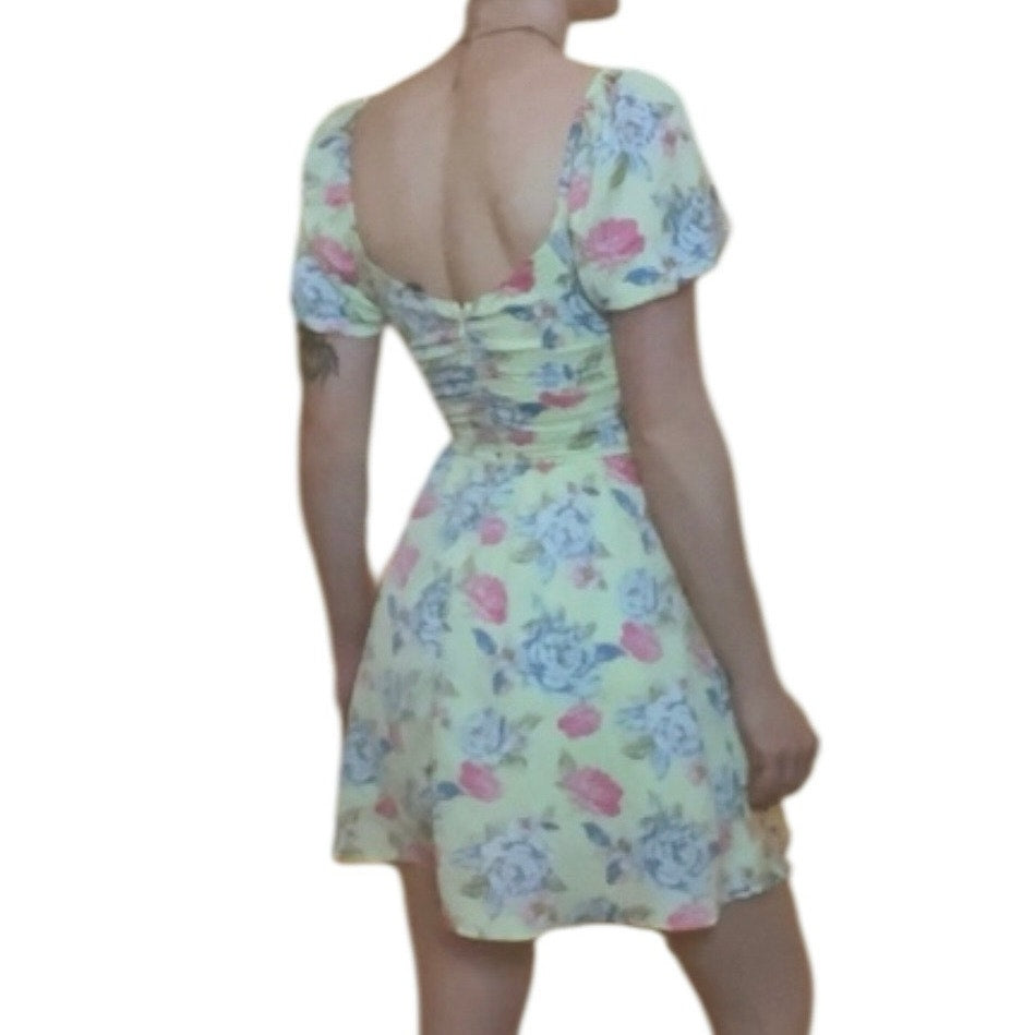 Forever 21 Yellow Floral Puff Sleeve A-Line Ruched Mini Dress