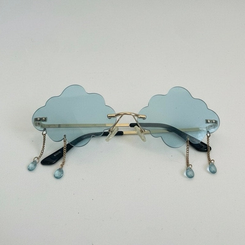 Blue Cloud Dangling Gold Chain Raindrop Crystal Charm Statement Sunglasses