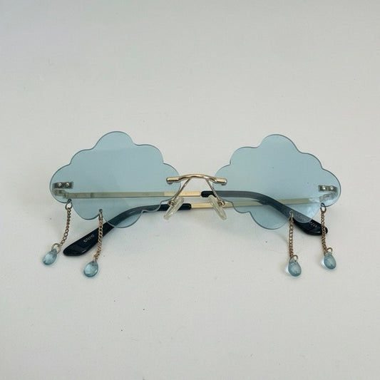 Blue Cloud Dangling Gold Chain Raindrop Crystal Charm Statement Sunglasses