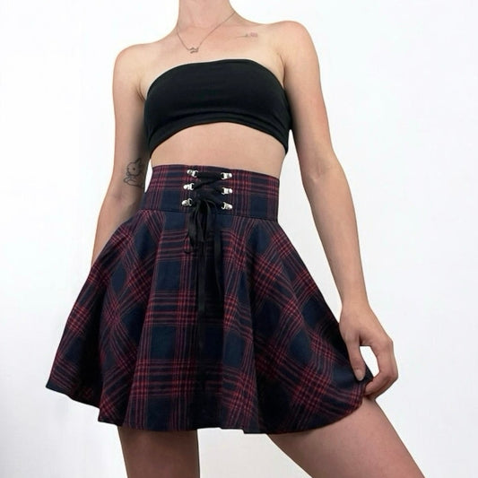 ROMWE Navy Blue & Red Plaid Lace Up Mini Skater Skirt