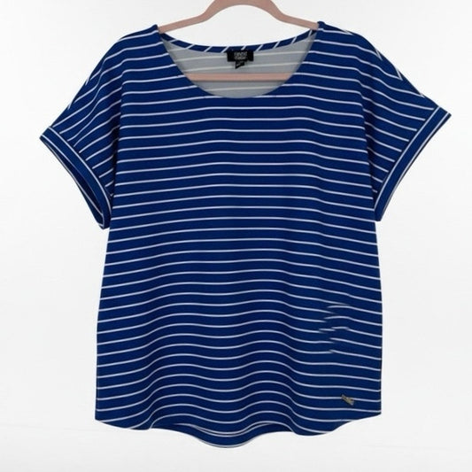 Jones New York Blue & White Striped Short Cuffed Sleeve Blouse