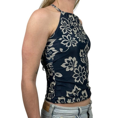 Navy Blue Boho Padded Open Lace Up Back Swim Top