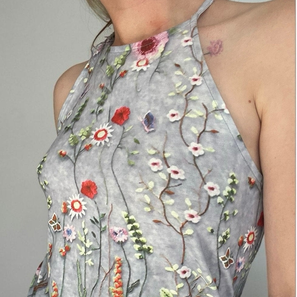 Grey & Red Floral Print Mini Dress