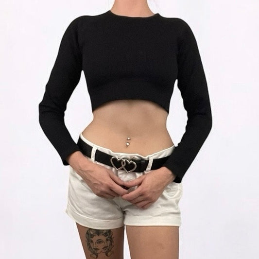 Black Ribbed Cropped Long Sleeve Stretchy Top