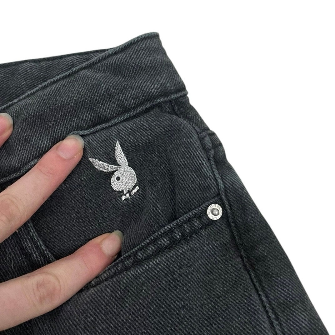 Playboy by PacSun Black Emrboidered High Rise Wide Leg Jeans