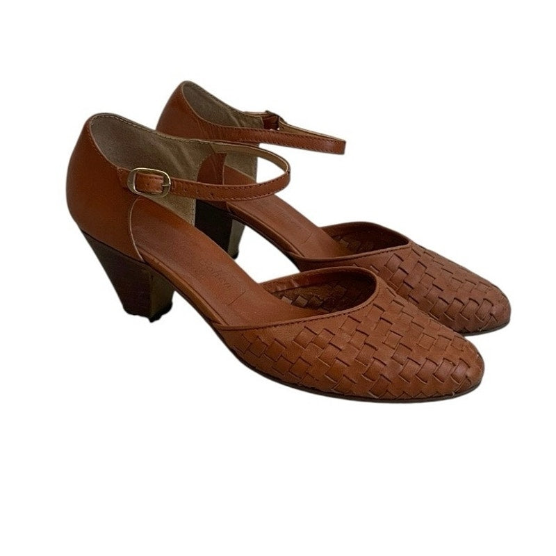 Vintage 70s Jacques Cohen Terracotta Woven Toe Genuine Leather Mid Block Heels