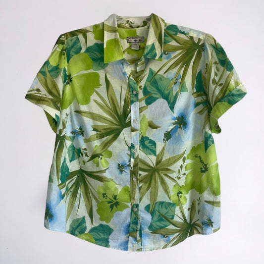 Caribbean Joe Woman Green Tropical Short Sleeve Button Down Blouse