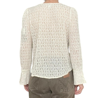 Hinge Sheer Lace Cream Boho Long Bell Sleeve V-Neck Blouse