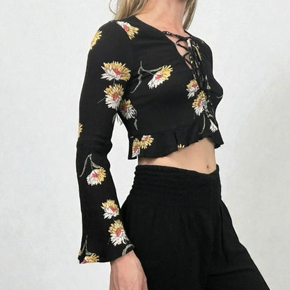 L.A. Hearts Black Floral Long Bell Sleeve Lace Up Cropped Top