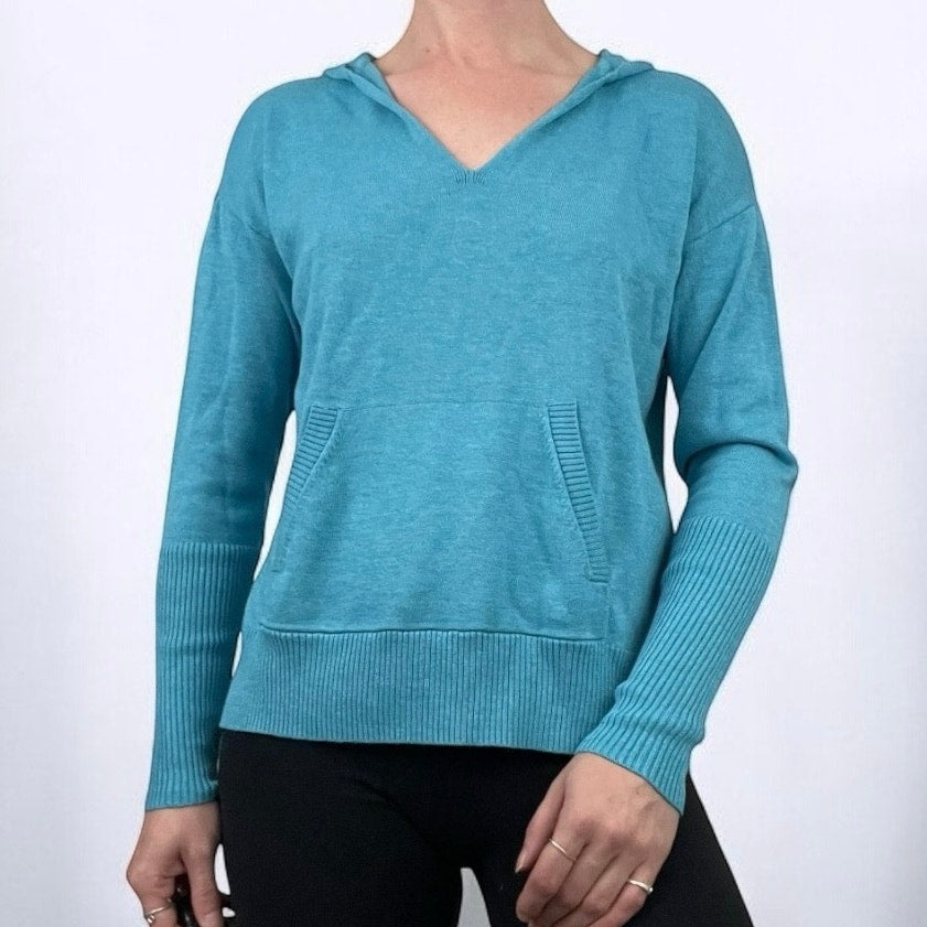 NWT cAbi Blue Hop To Hoodie V-Neck Hooded Ribbed Sweater