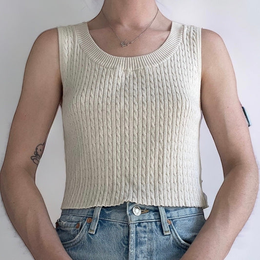 Willi Smith Cream Cable Knit Cropped Tank Top Blouse