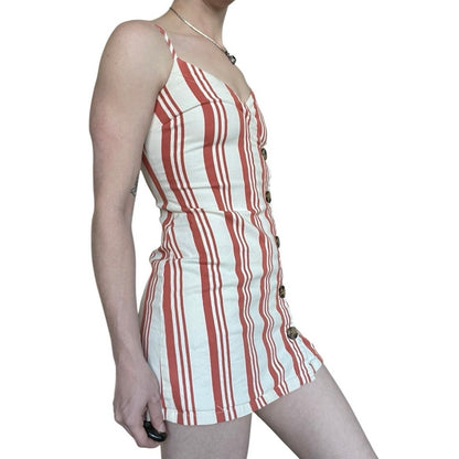 Sky and Sparrow Orange & White Striped Button Down V-Neck Mini Dress