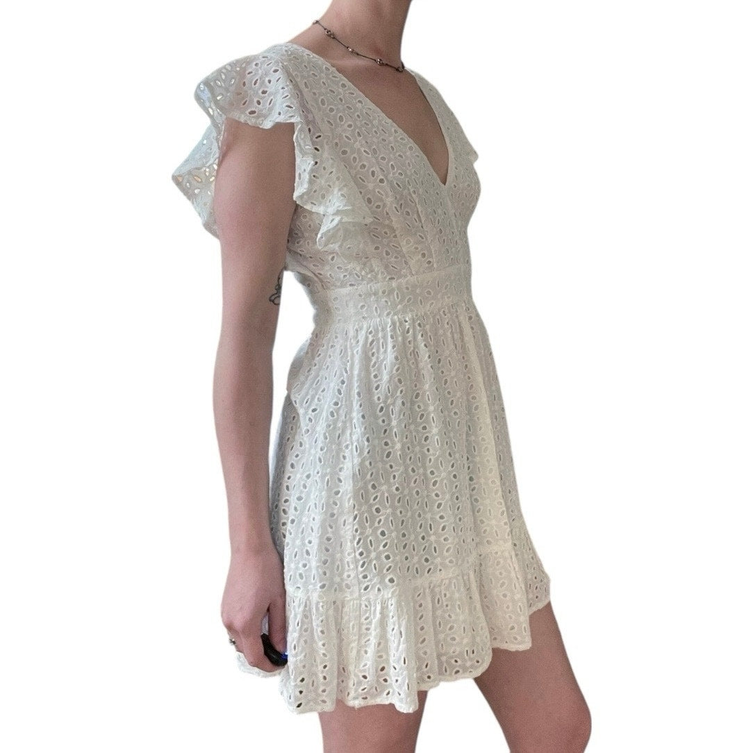Aqua White Eyelet Lace Embroidered V-Neck A-Line Mini Dress