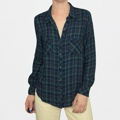 William Rast Missy Blue & Green Plaid Long Sleeve Button Down Shirt